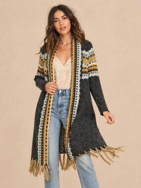 Adora Fringe Cardigan Small Boho Western Aztec Knit Long Open Front Sweater